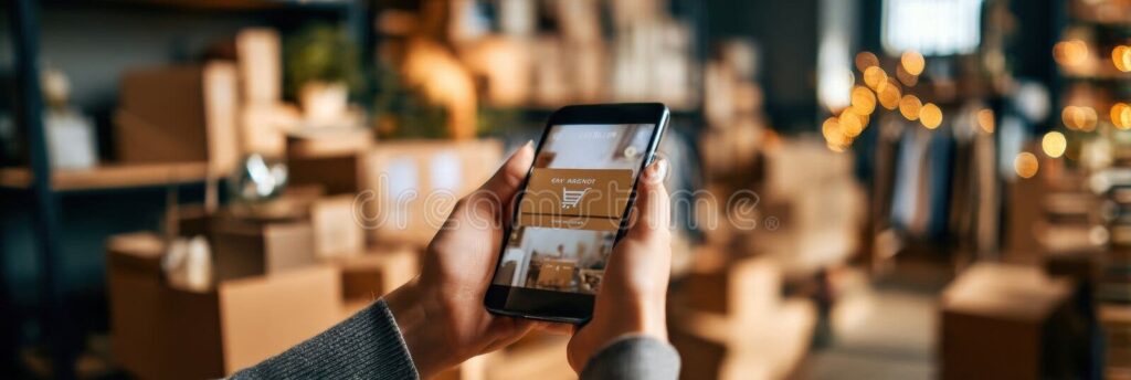 Person packaging products at home using boxes and a smartphone, with online marketplace icons symbolizing e-commerce and reselling,
